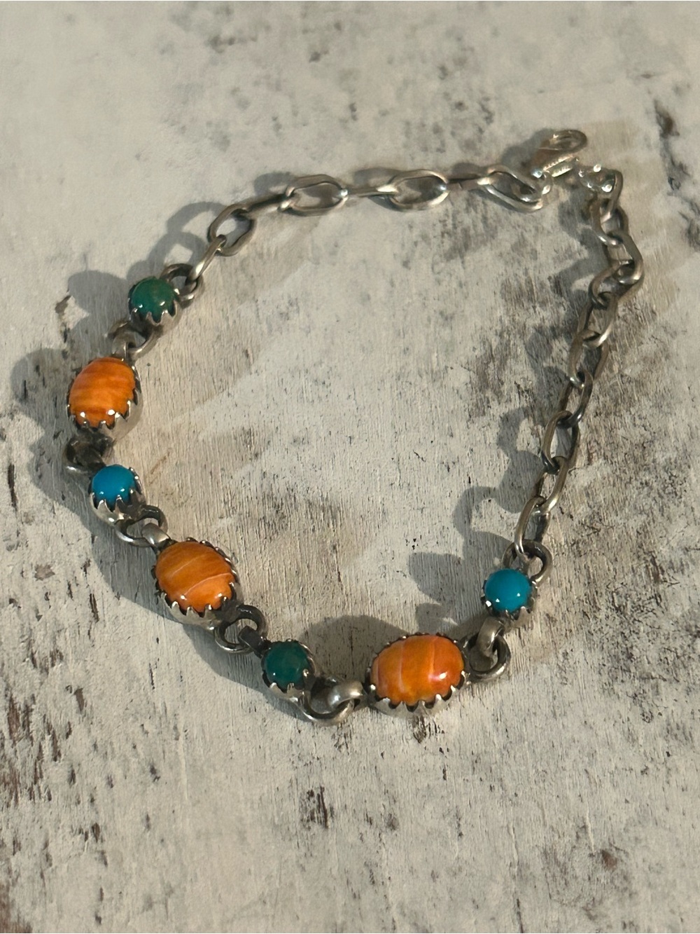 Sterling Silver Bracelet with Orange Spiny  and Turquoise Cabochons